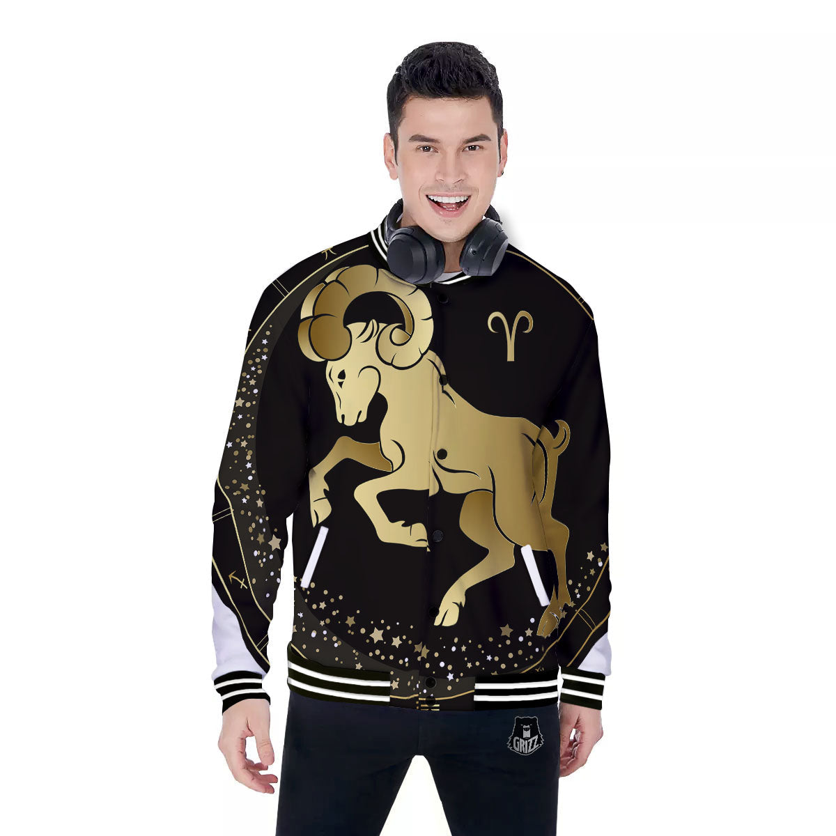 Aries Sign Black And Gold Print Baseball Jacket-grizzshop