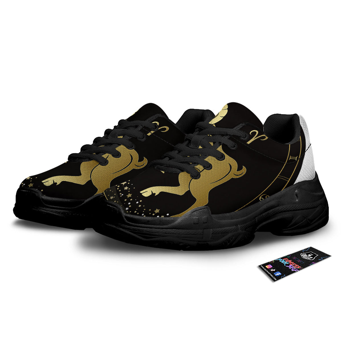 Aries Sign Black And Gold Print Black Chunky Shoes-grizzshop