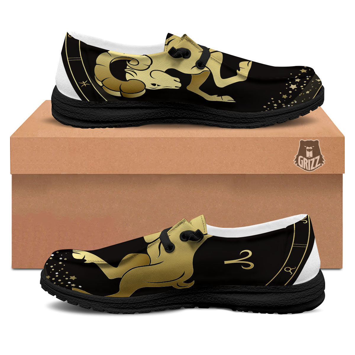 Aries Sign Black And Gold Print Black Loafers-grizzshop