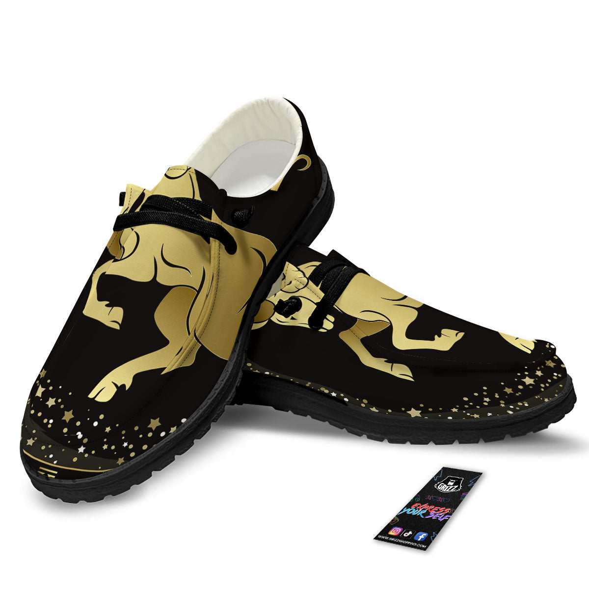 Aries Sign Black And Gold Print Black Loafers-grizzshop