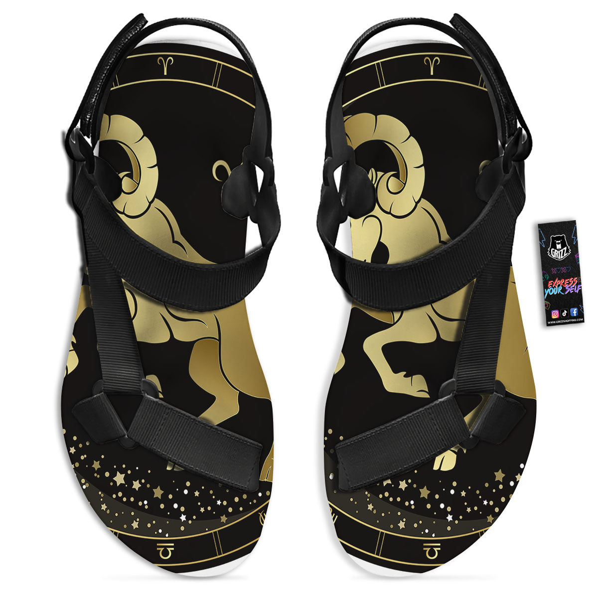 Aries Sign Black And Gold Print Black Open Toe Sandals-grizzshop