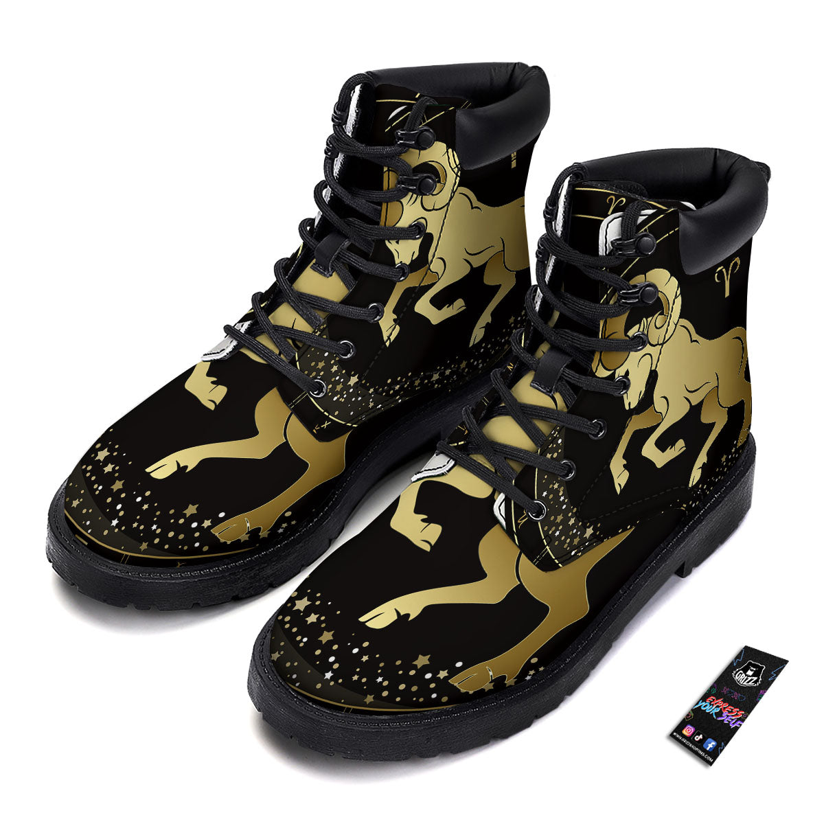 Aries Sign Black And Gold Print Boots-grizzshop