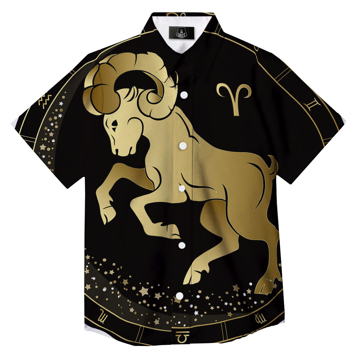 Aries Sign Black And Gold Print Button Up Shirt-grizzshop