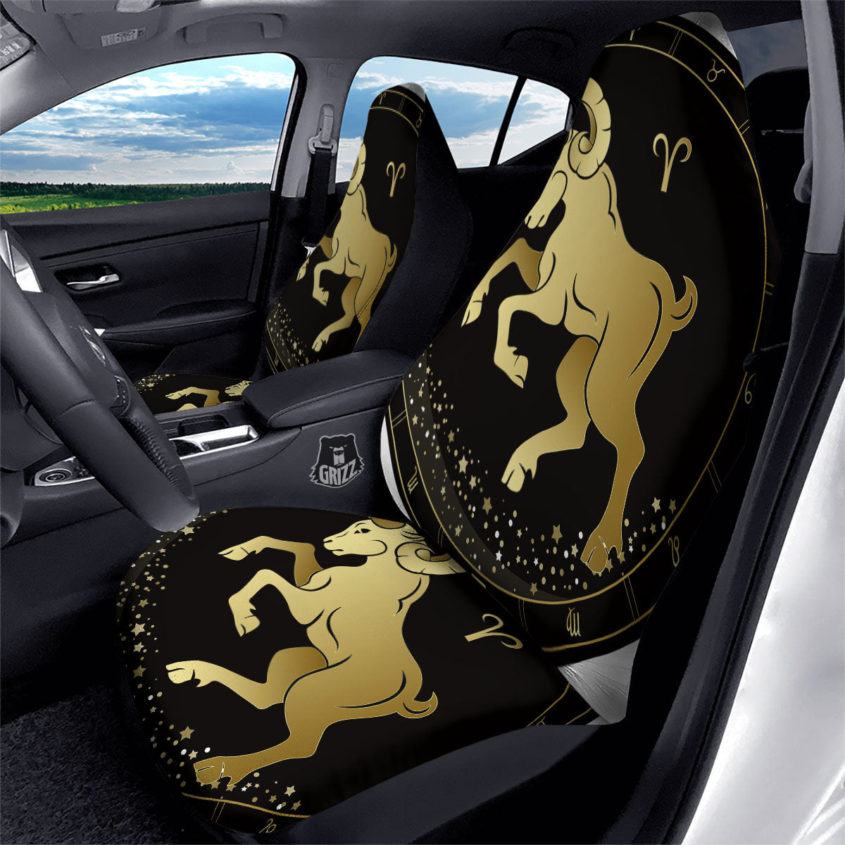 Aries Sign Black And Gold Print Car Seat Covers-grizzshop