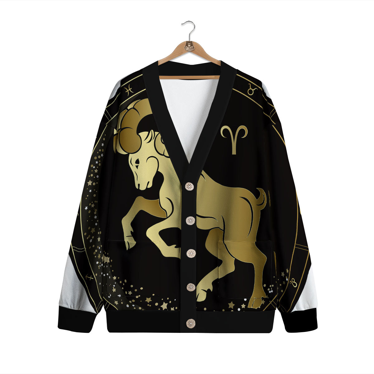 Aries Sign Black And Gold Print Cardigan-grizzshop