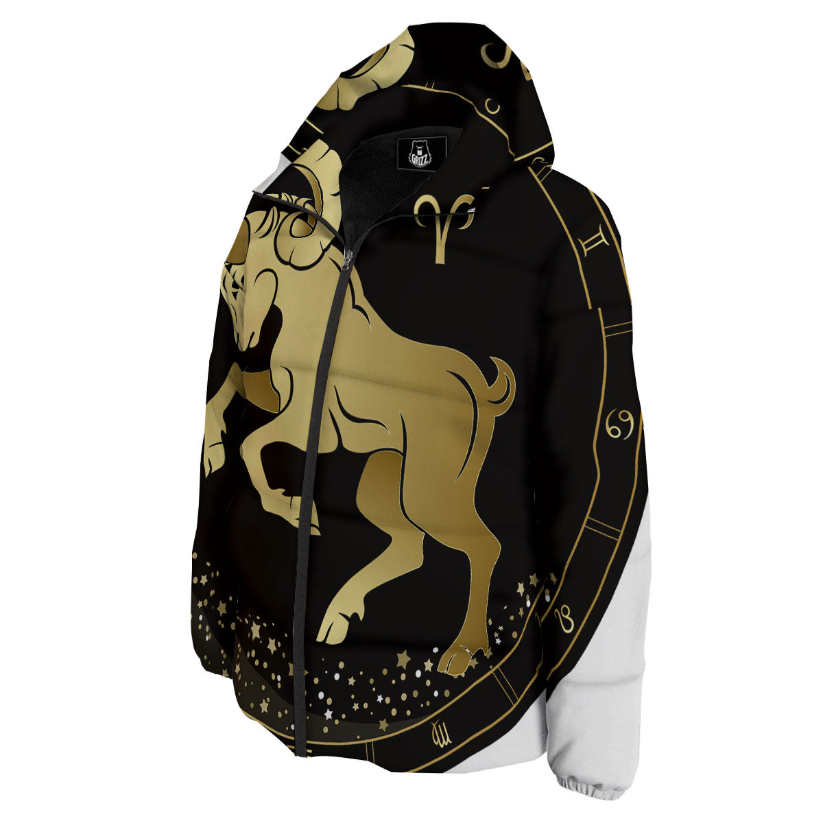 Aries Sign Black And Gold Print Down Jacket-grizzshop