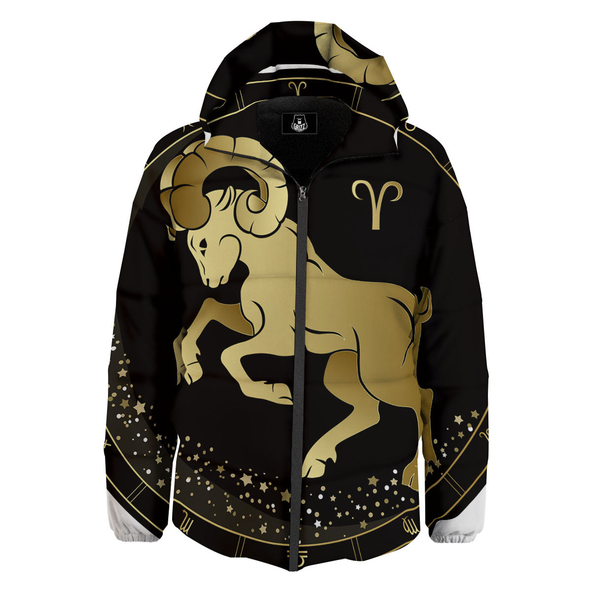 Aries Sign Black And Gold Print Down Jacket-grizzshop