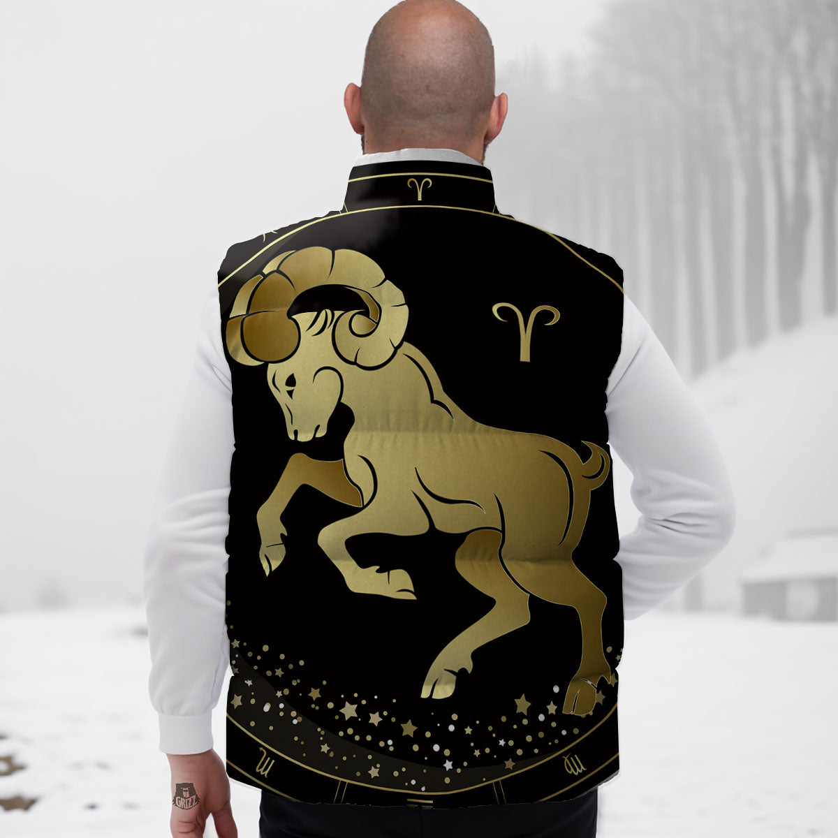 Aries Sign Black And Gold Print Down Vest