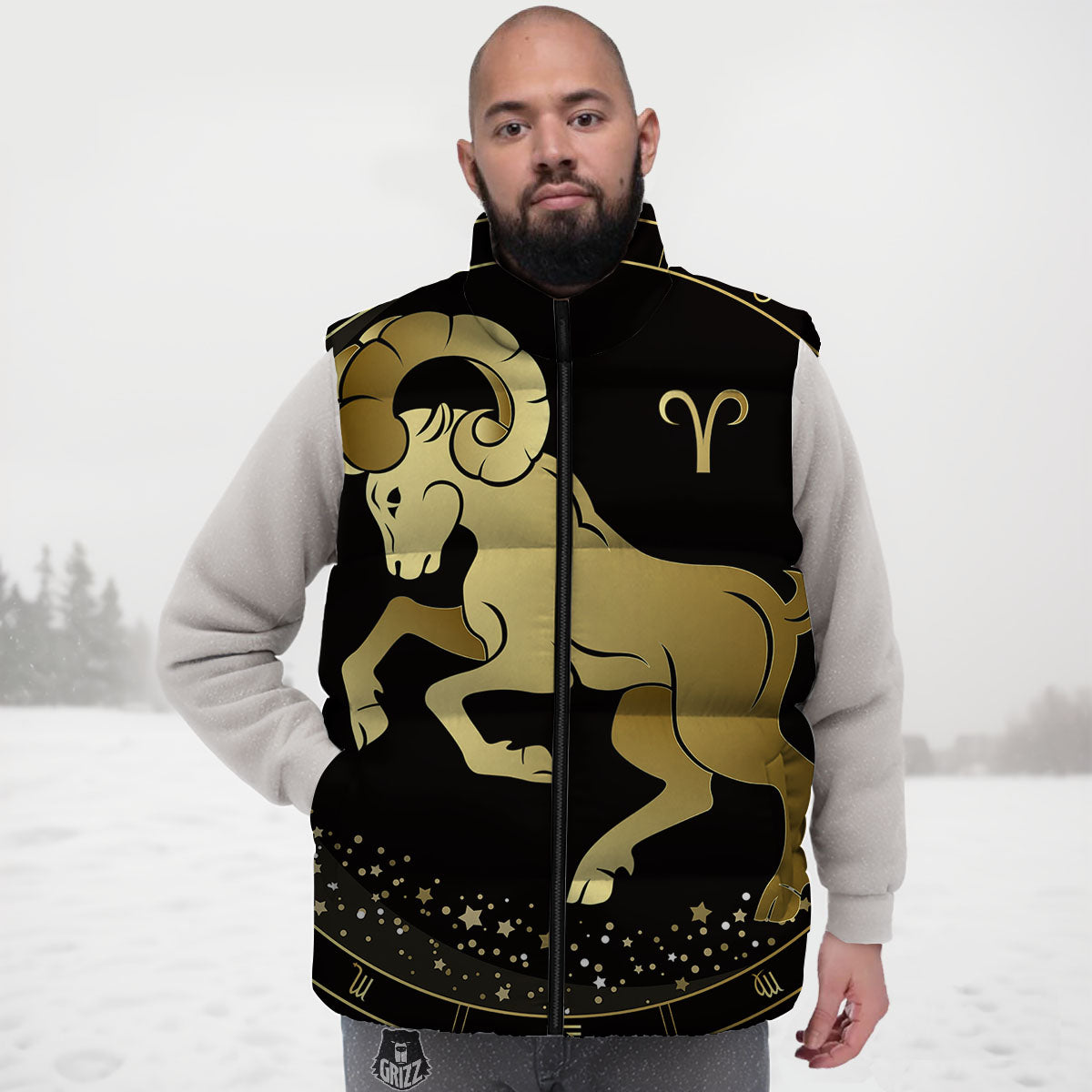 Aries Sign Black And Gold Print Down Vest