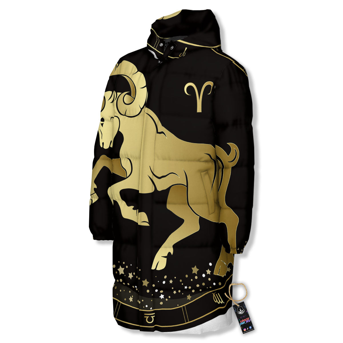 Aries Sign Black And Gold Print Long Down Jacket-grizzshop