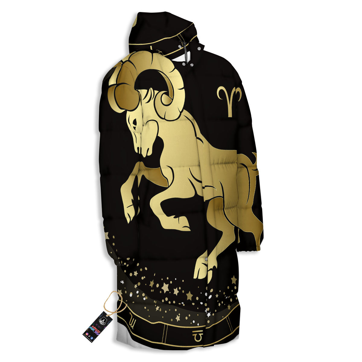 Aries Sign Black And Gold Print Long Down Jacket-grizzshop