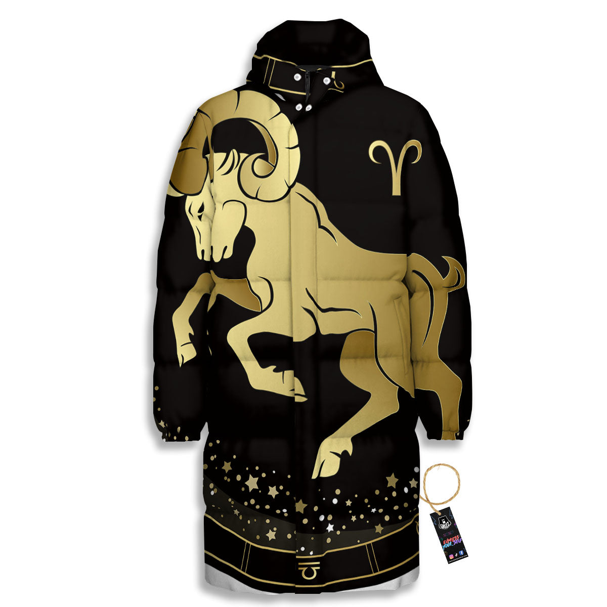 Aries Sign Black And Gold Print Long Down Jacket-grizzshop