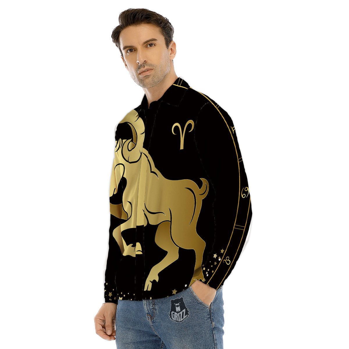 Aries Sign Black And Gold Print Men's Dress Shirts-grizzshop