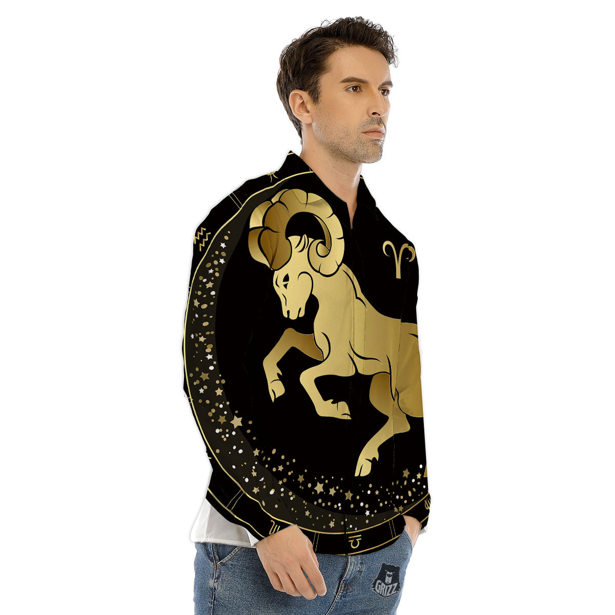 Aries Sign Black And Gold Print Men's Dress Shirts-grizzshop