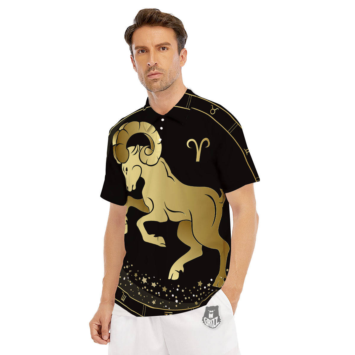 Aries Sign Black And Gold Print Men's Golf Shirts-grizzshop