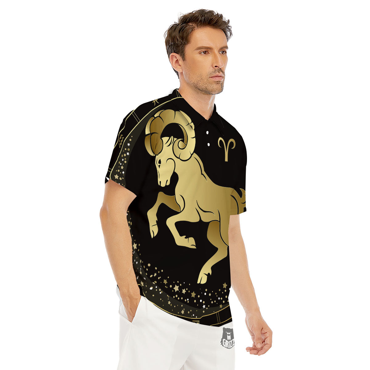 Aries Sign Black And Gold Print Men's Golf Shirts-grizzshop