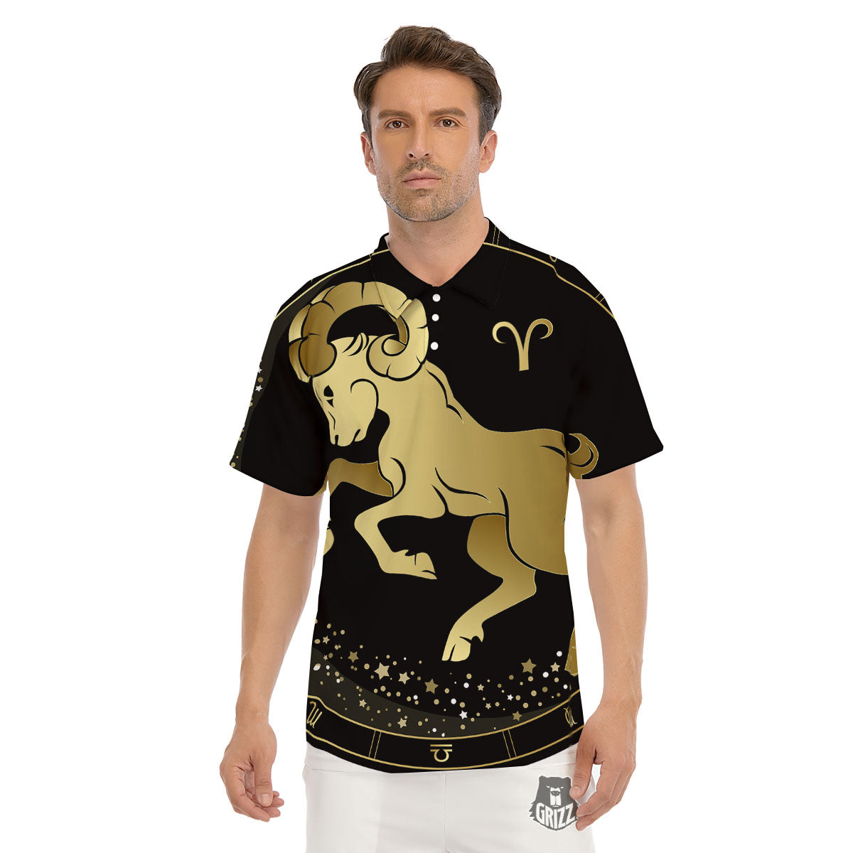 Aries Sign Black And Gold Print Men's Golf Shirts-grizzshop