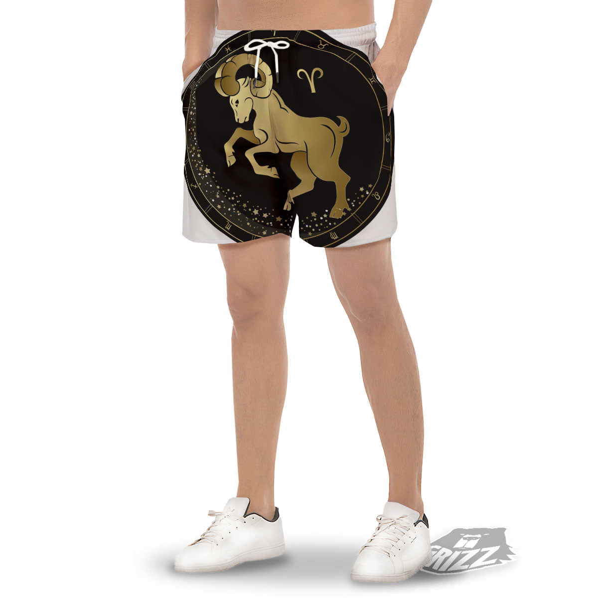 Aries Sign Black And Gold Print Men's Gym Shorts-grizzshop