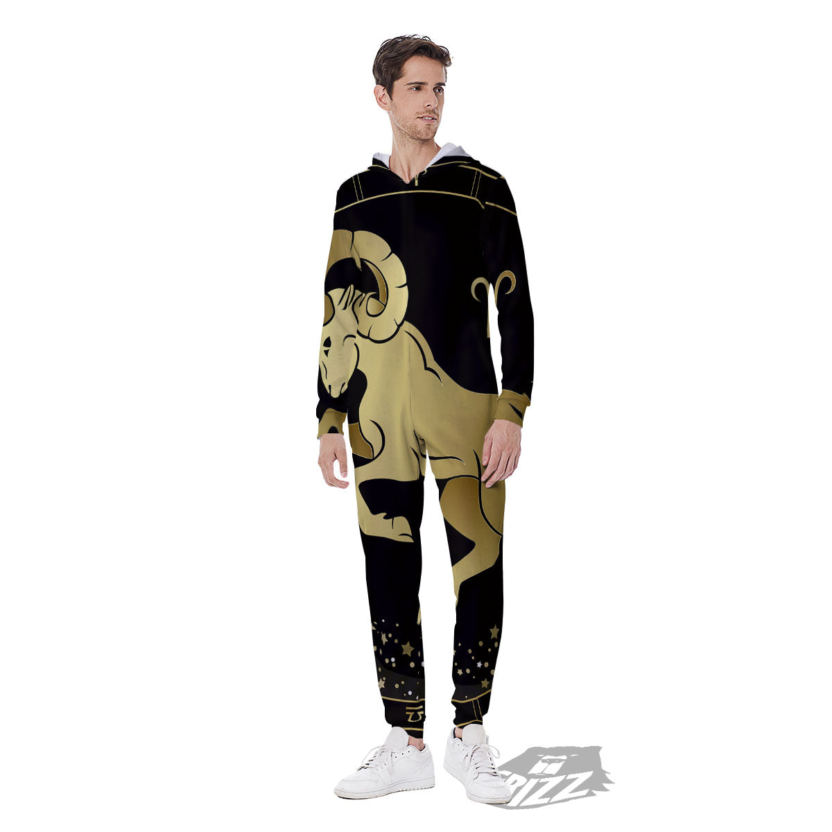 Aries Sign Black And Gold Print Men's Jumpsuit-grizzshop