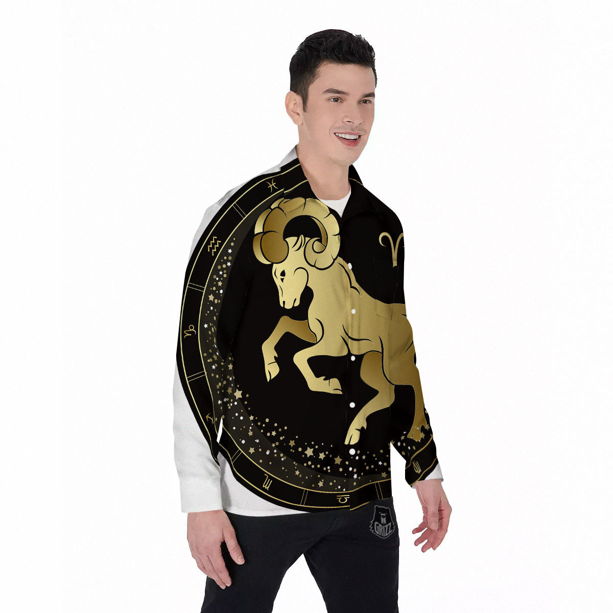 Aries Sign Black And Gold Print Men's Long Sleeve Shirts-grizzshop