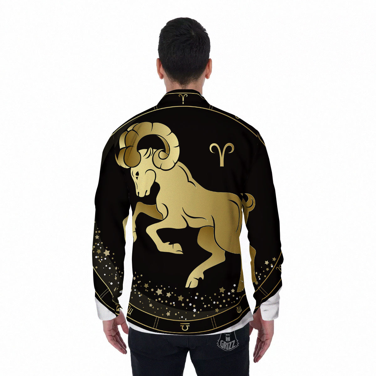Aries Sign Black And Gold Print Men's Long Sleeve Shirts-grizzshop