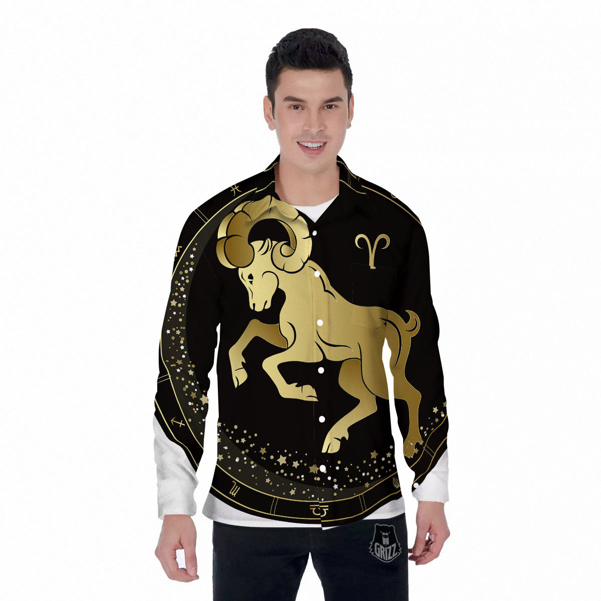 Aries Sign Black And Gold Print Men's Long Sleeve Shirts-grizzshop