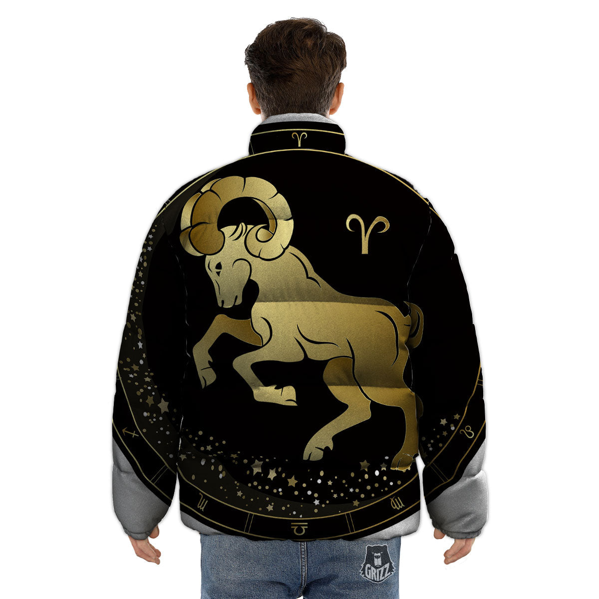 Aries Sign Black And Gold Print Puffer Jacket-grizzshop