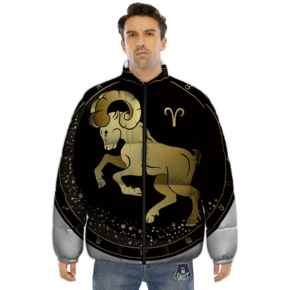 Aries Sign Black And Gold Print Puffer Jacket-grizzshop