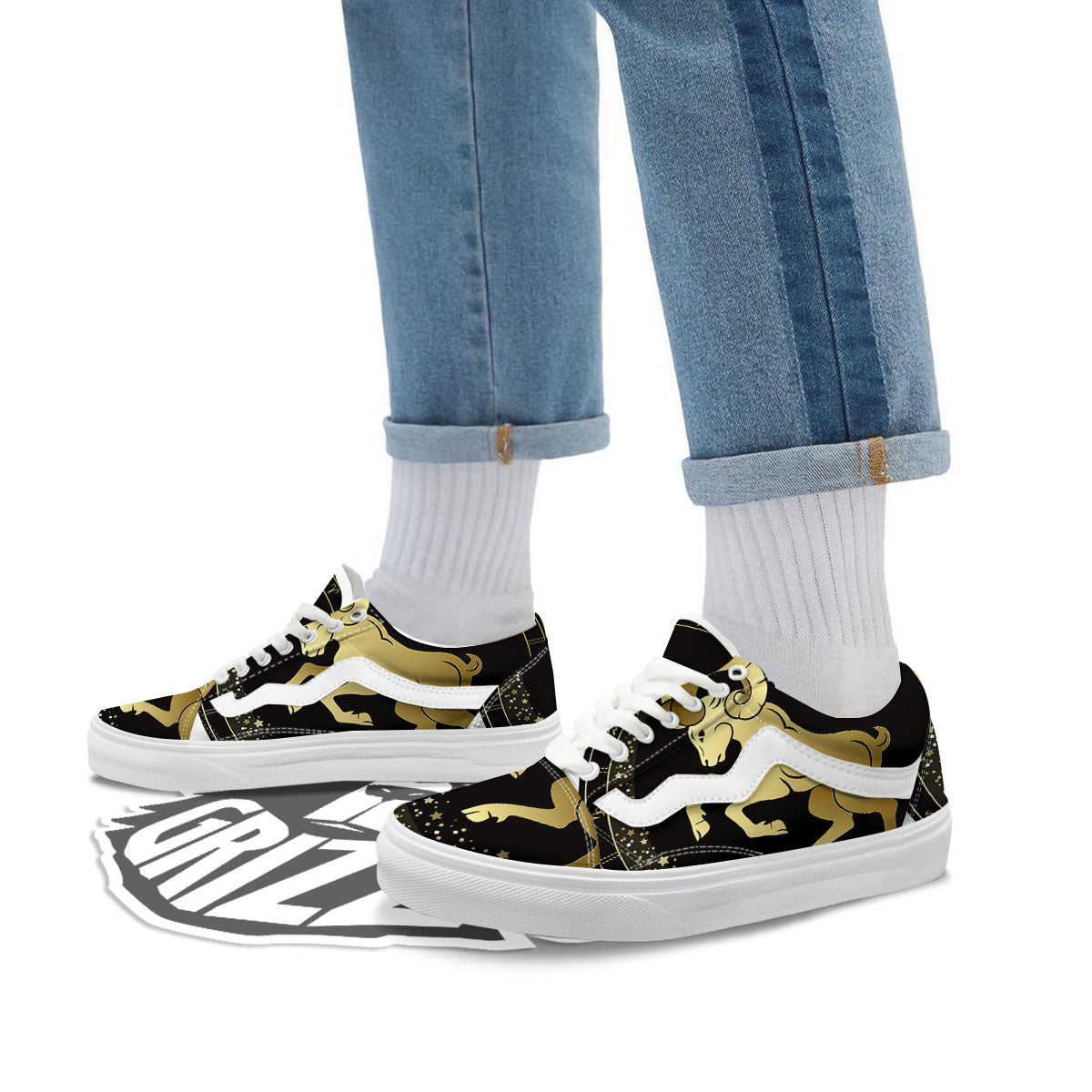 Aries Sign Black And Gold Print Skate Shoes-grizzshop