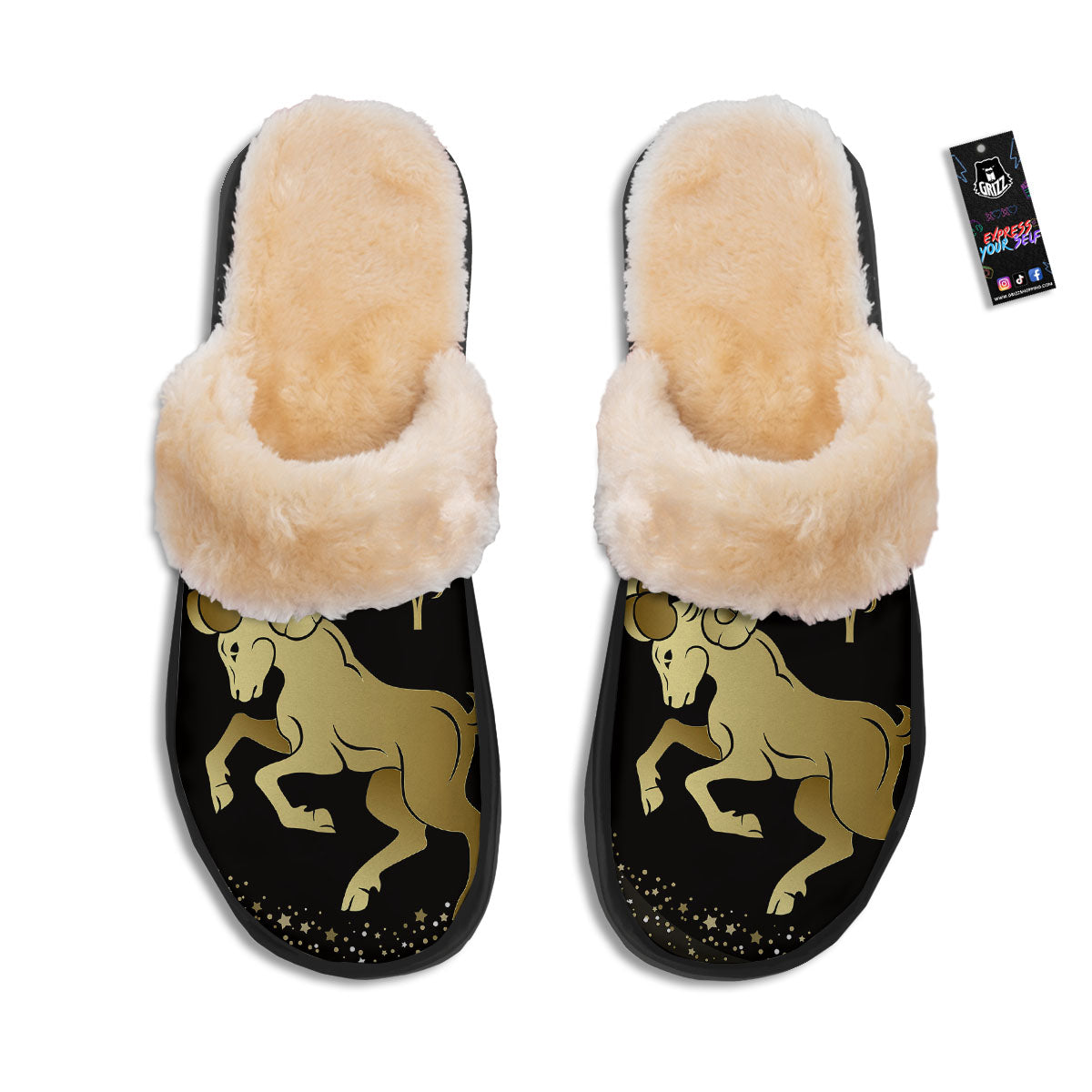 Aries Sign Black And Gold Print Slippers-grizzshop