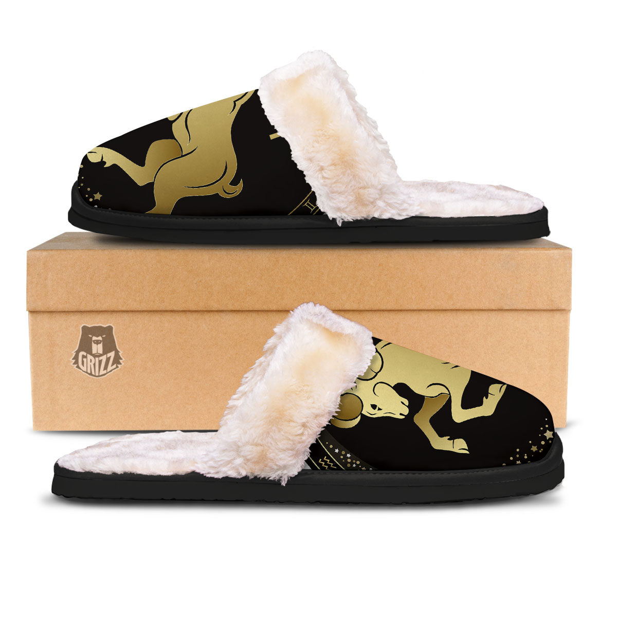 Aries Sign Black And Gold Print Slippers-grizzshop