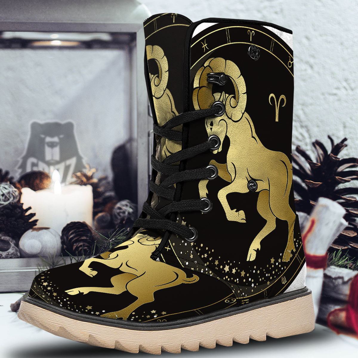 Aries Sign Black And Gold Print Snow Boots-grizzshop