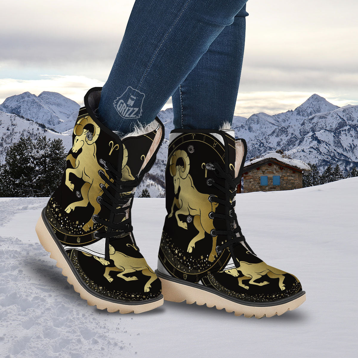 Aries Sign Black And Gold Print Snow Boots-grizzshop