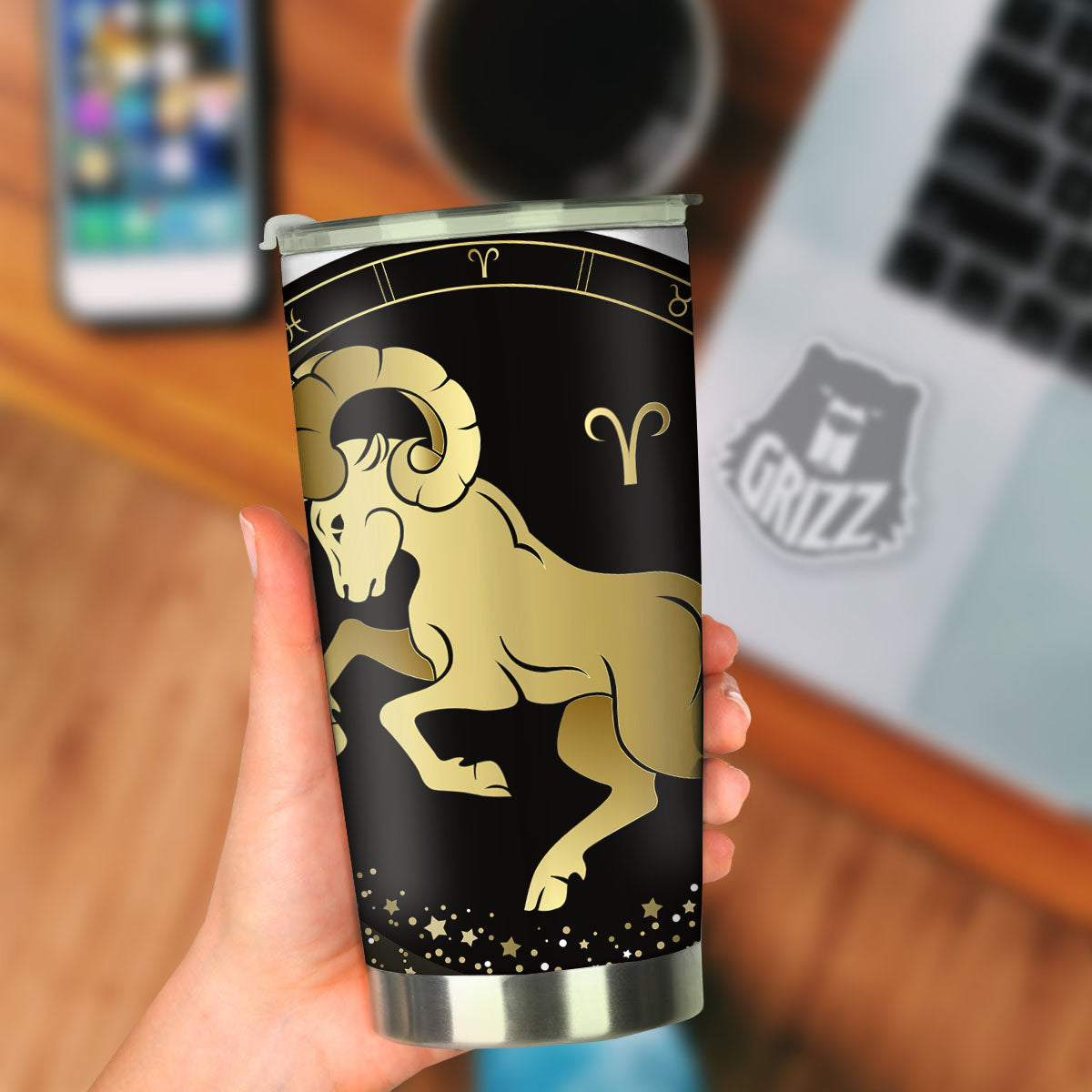 Aries Sign Black And Gold Print Tumbler-grizzshop