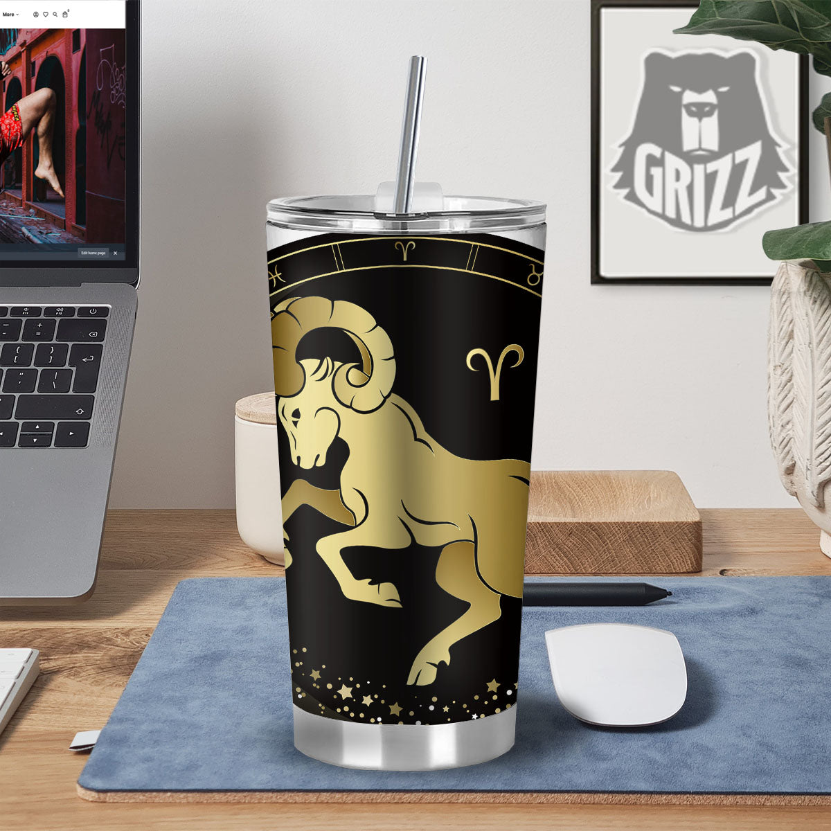 Aries Sign Black And Gold Print Tumbler-grizzshop