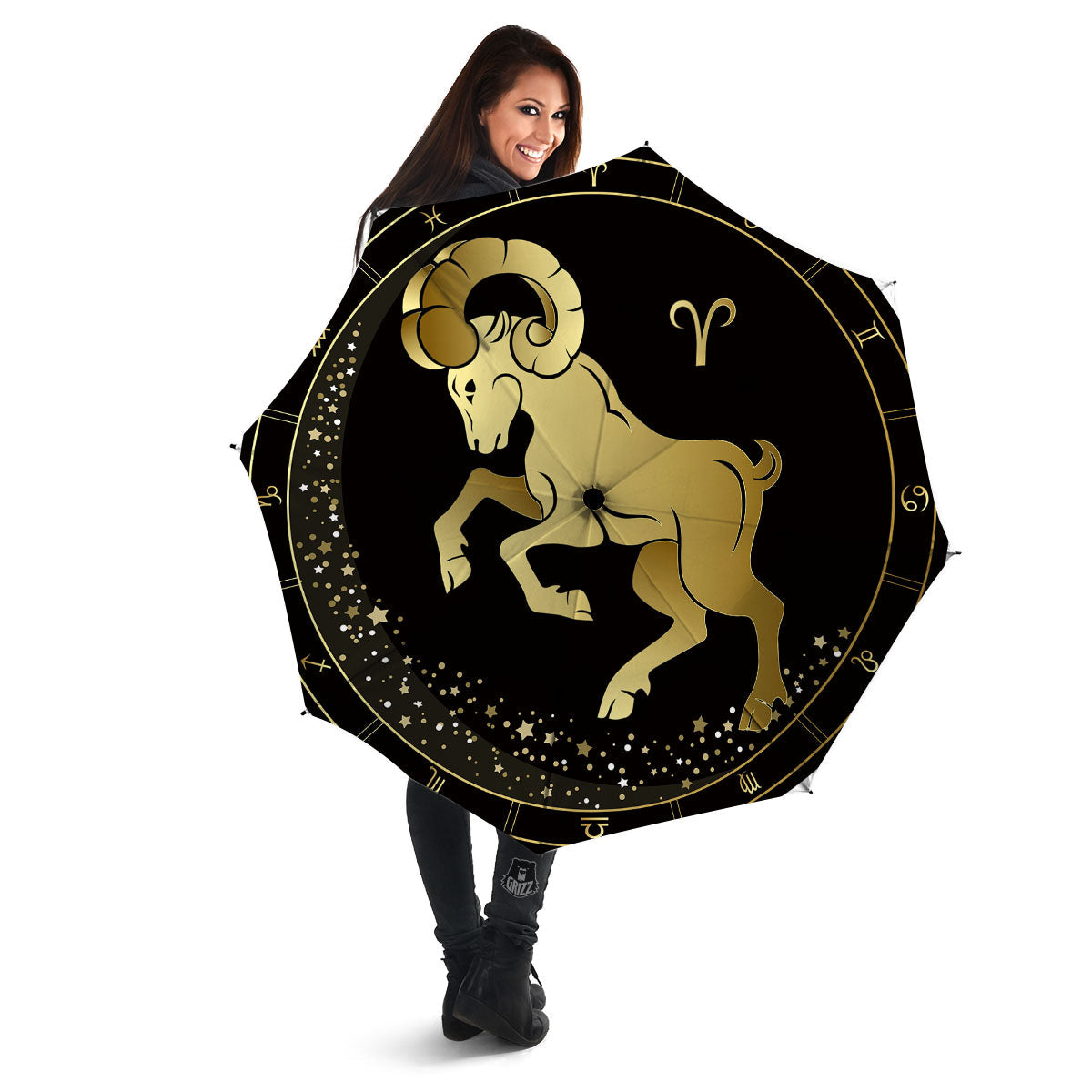 Aries Sign Black And Gold Print Umbrella-grizzshop