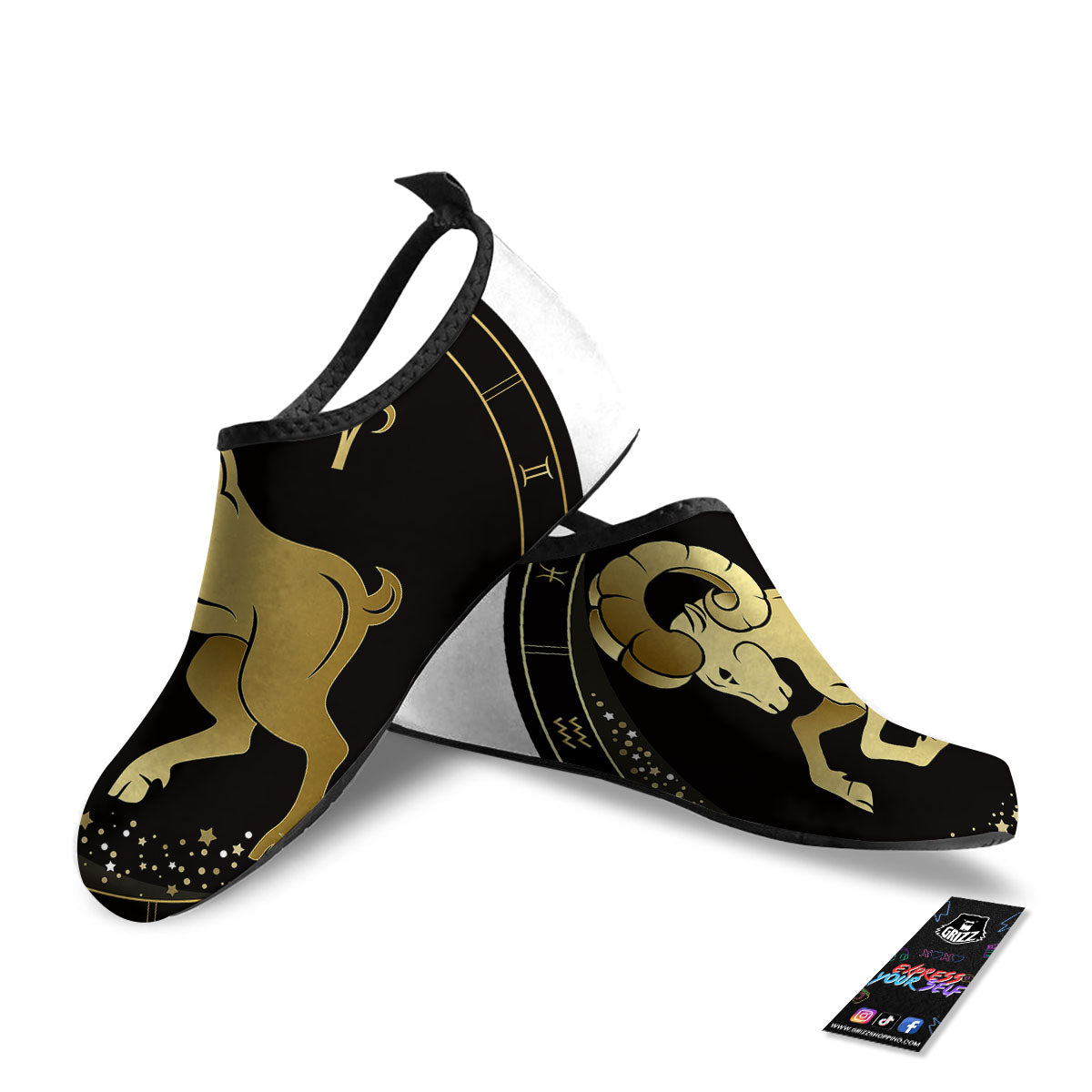 Aries Sign Black And Gold Print Water Shoes-grizzshop