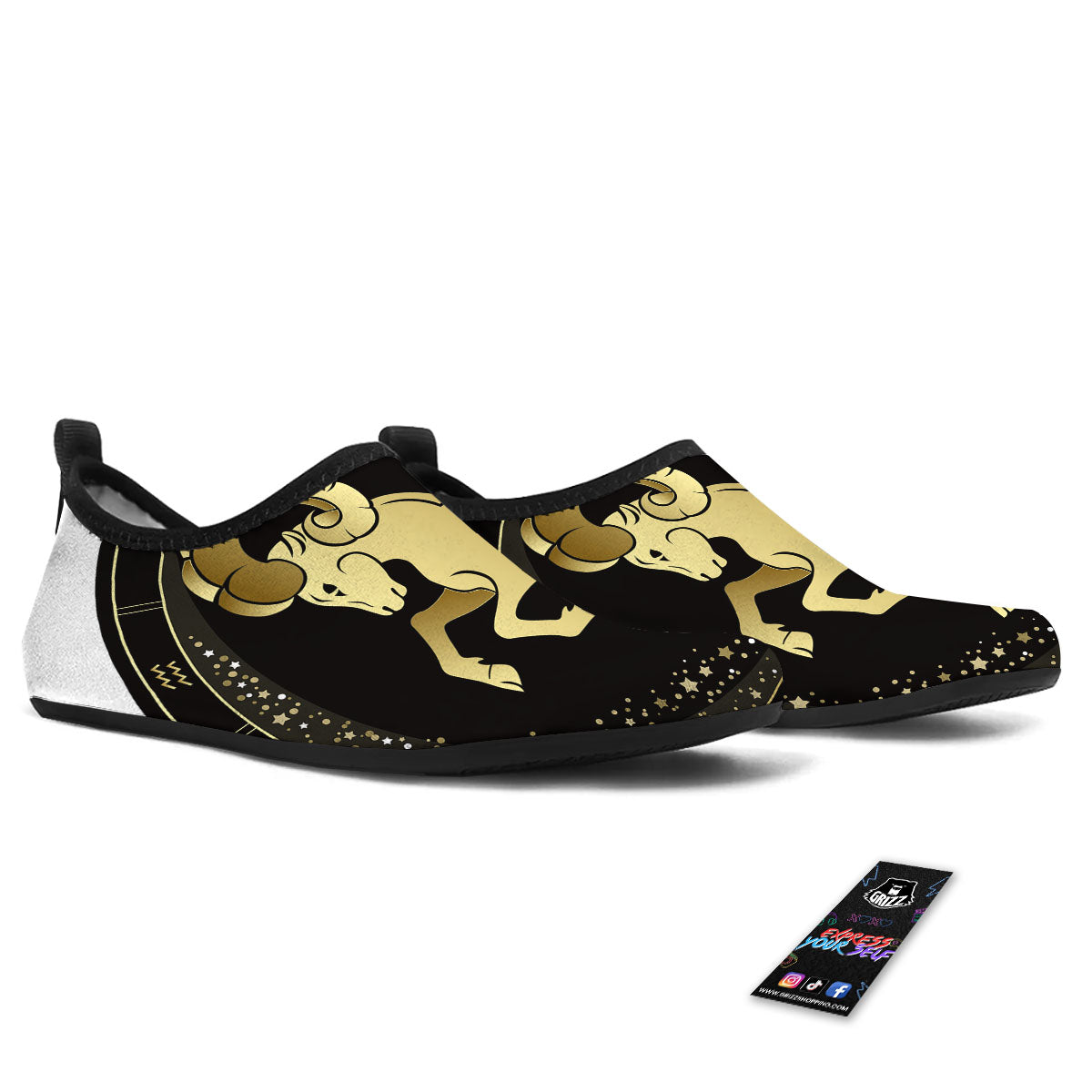 Aries Sign Black And Gold Print Water Shoes-grizzshop