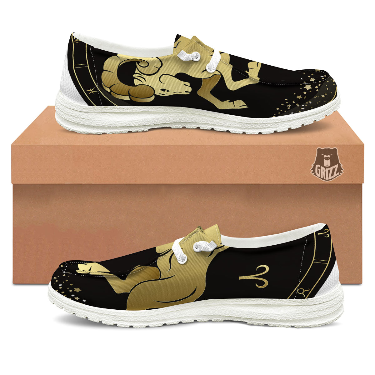 Aries Sign Black And Gold Print White Loafers-grizzshop