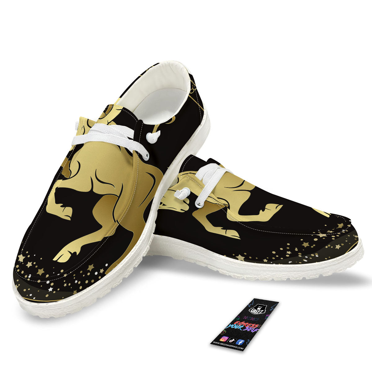 Aries Sign Black And Gold Print White Loafers-grizzshop