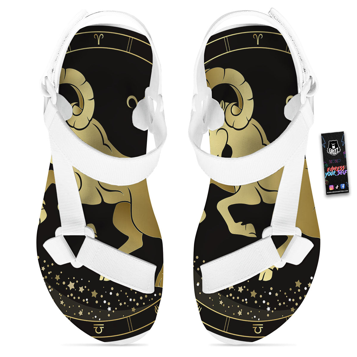 Aries Sign Black And Gold Print White Open Toe Sandals-grizzshop