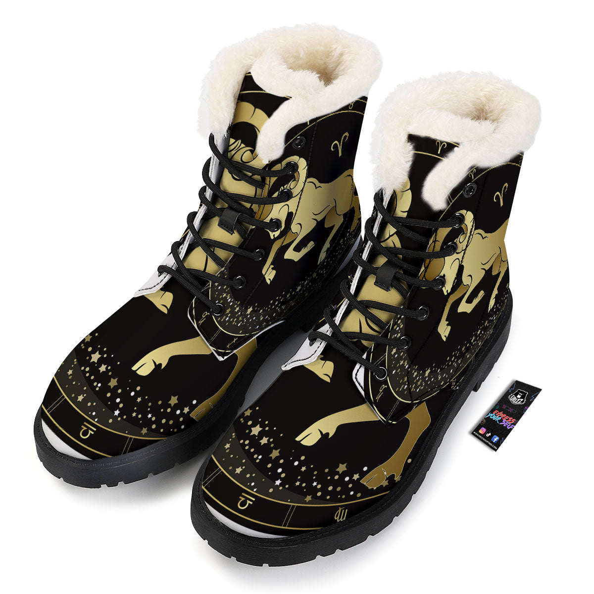 Aries Sign Black And Gold Print Winter Boots-grizzshop