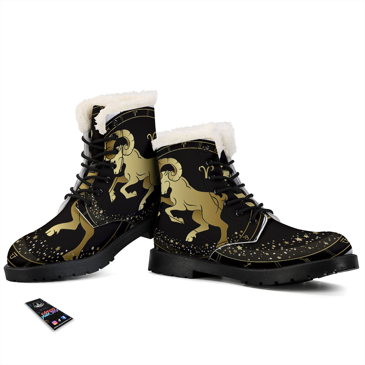 Aries Sign Black And Gold Print Winter Boots-grizzshop