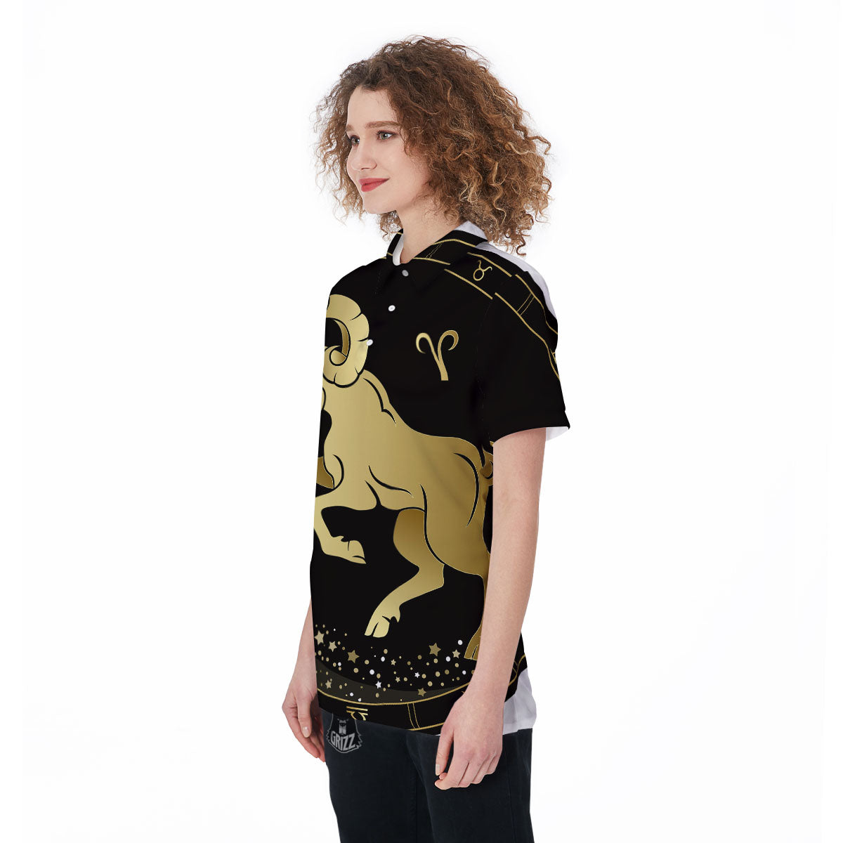 Aries Sign Black And Gold Print Women's Golf Shirts-grizzshop