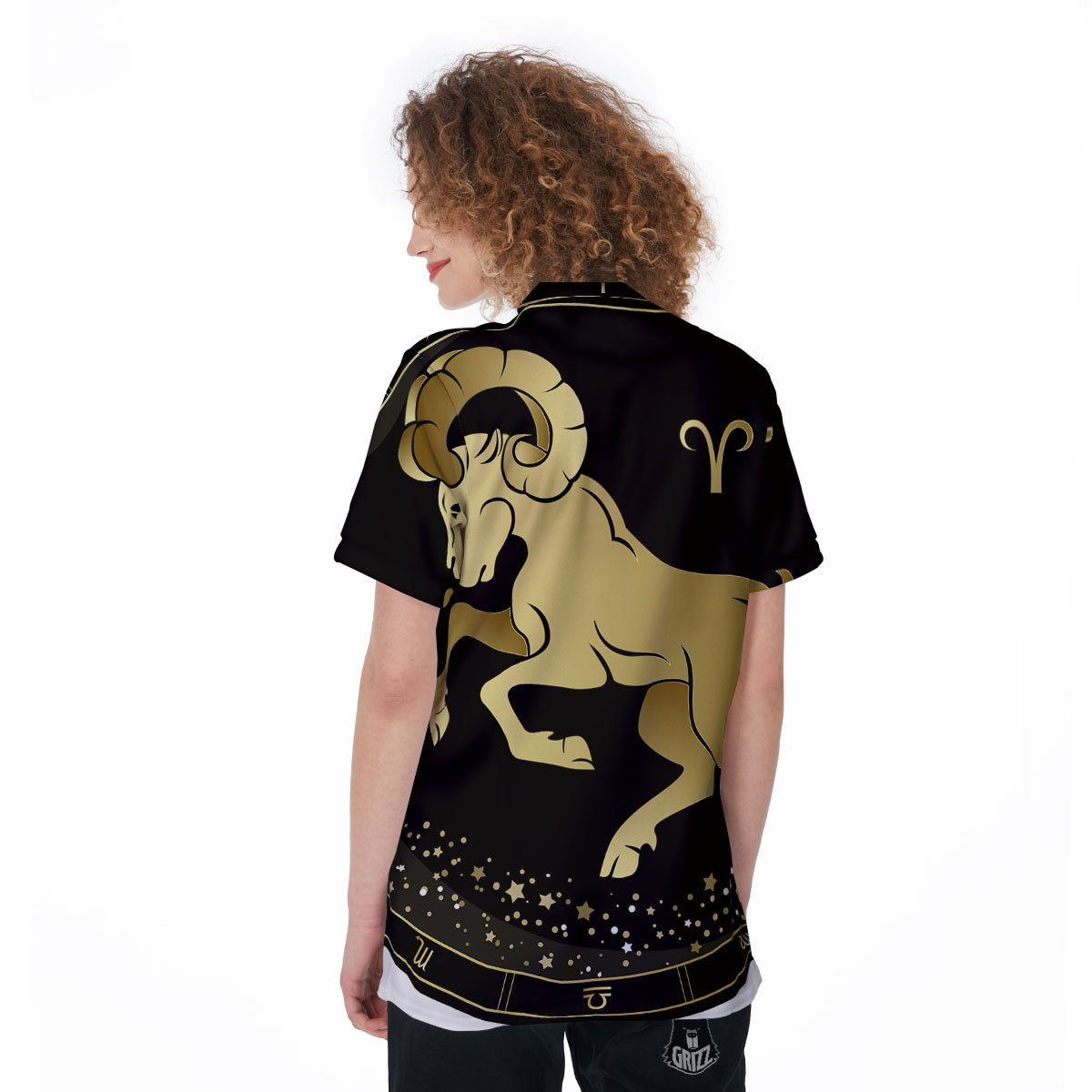 Aries Sign Black And Gold Print Women's Golf Shirts-grizzshop