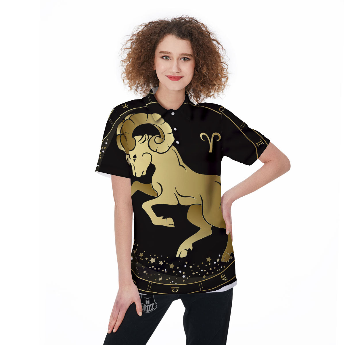 Aries Sign Black And Gold Print Women's Golf Shirts-grizzshop