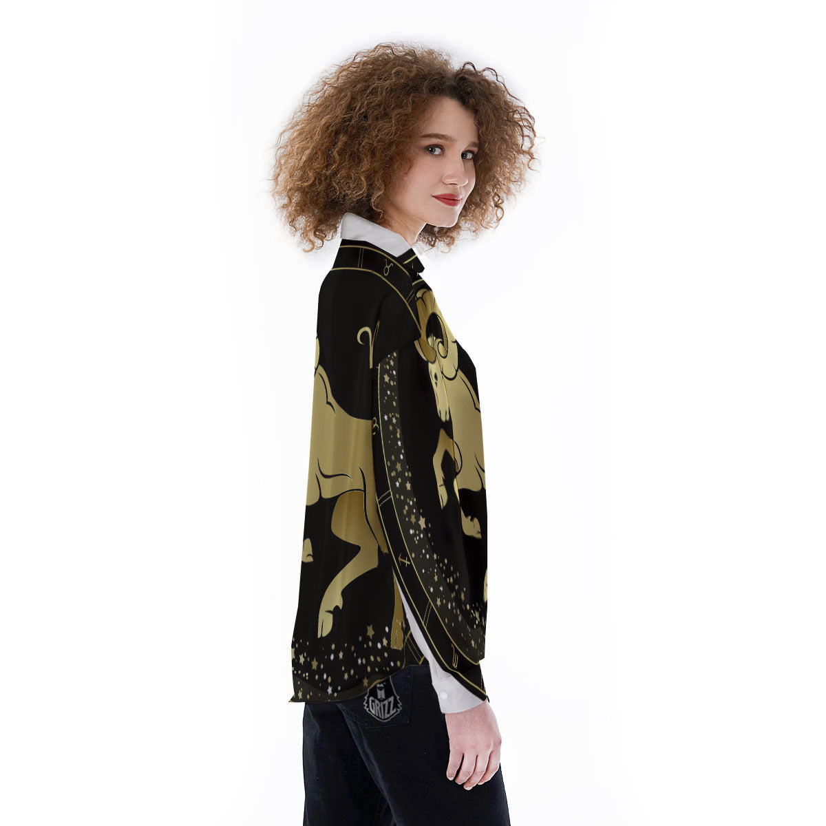 Aries Sign Black And Gold Print Women's Long Sleeve Shirts-grizzshop