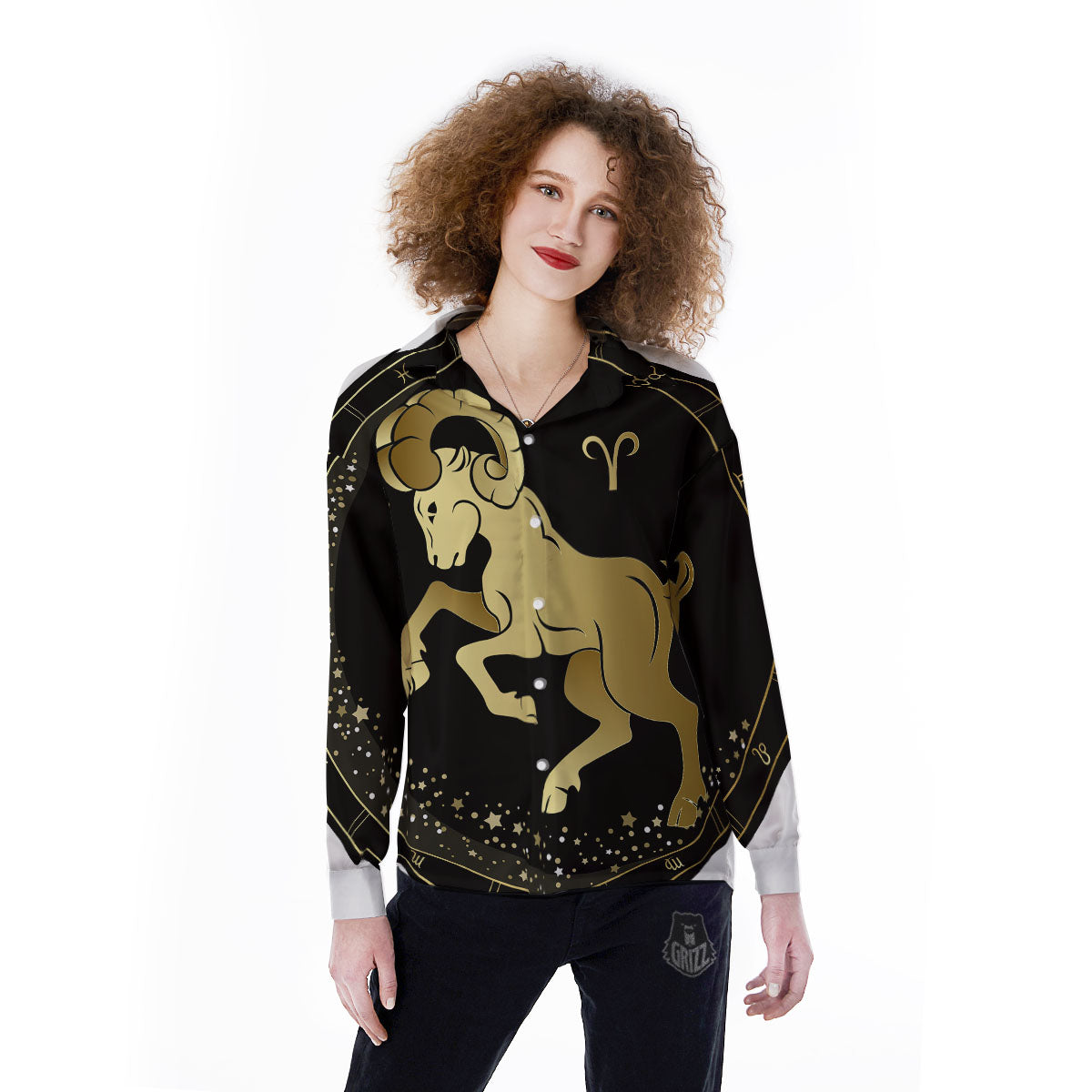 Aries Sign Black And Gold Print Women's Long Sleeve Shirts-grizzshop