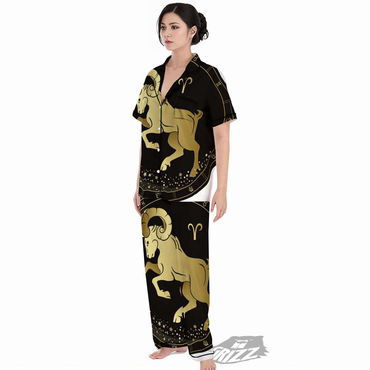 Aries Sign Black And Gold Print Women's Pajamas Set-grizzshop