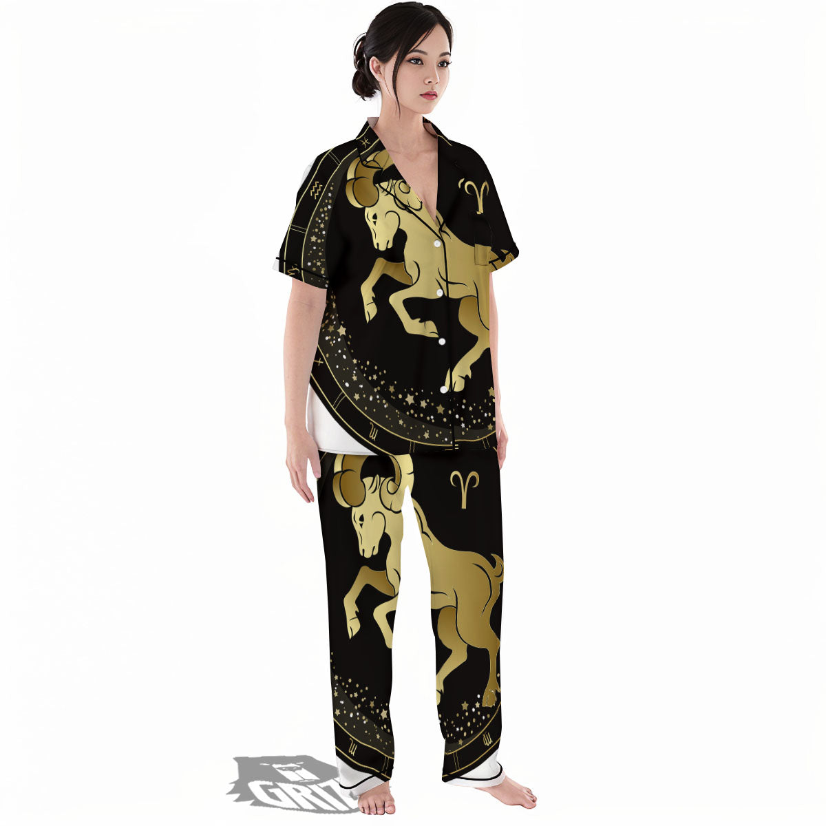 Aries Sign Black And Gold Print Women's Pajamas Set-grizzshop